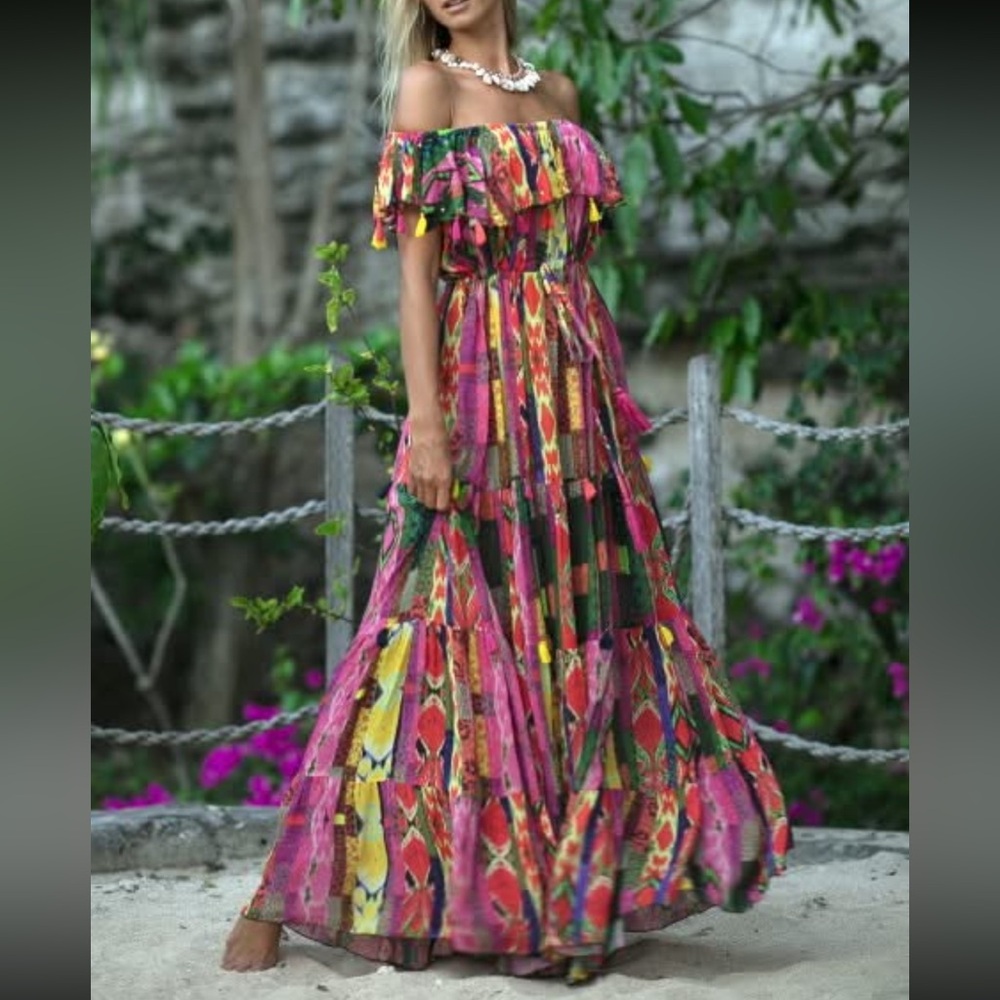 Pink and Red Pleated Ruffled Maxi Sundress